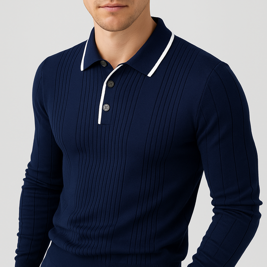 Langford Men Polo Knit Shirt Long Sleeve Button